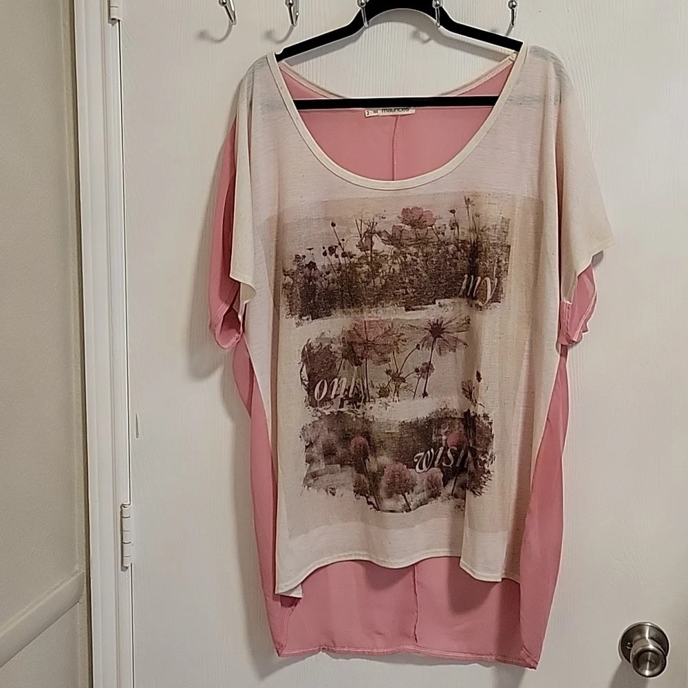 Maurices Pink and Cream Layered Floral Graphic Blouse